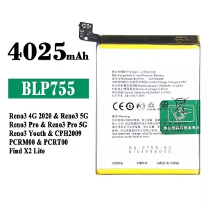 Batteria BLP755 per OPPO Reno 3 4G 2020 / Reno 3 5G / Reno 3 Pro / Reno 3 Youth / Find X2 Lite
