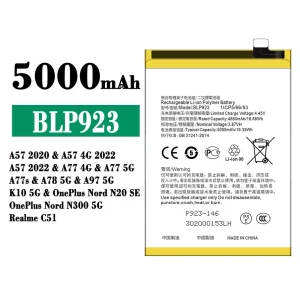 Batteria BLP923 per OPPO A57 2020 /A57 2022 /A77 /A77s /A78/A97/ K10 / OnePlus Nord N20 SE /OnePlus Nord N300 5G /Realme C51